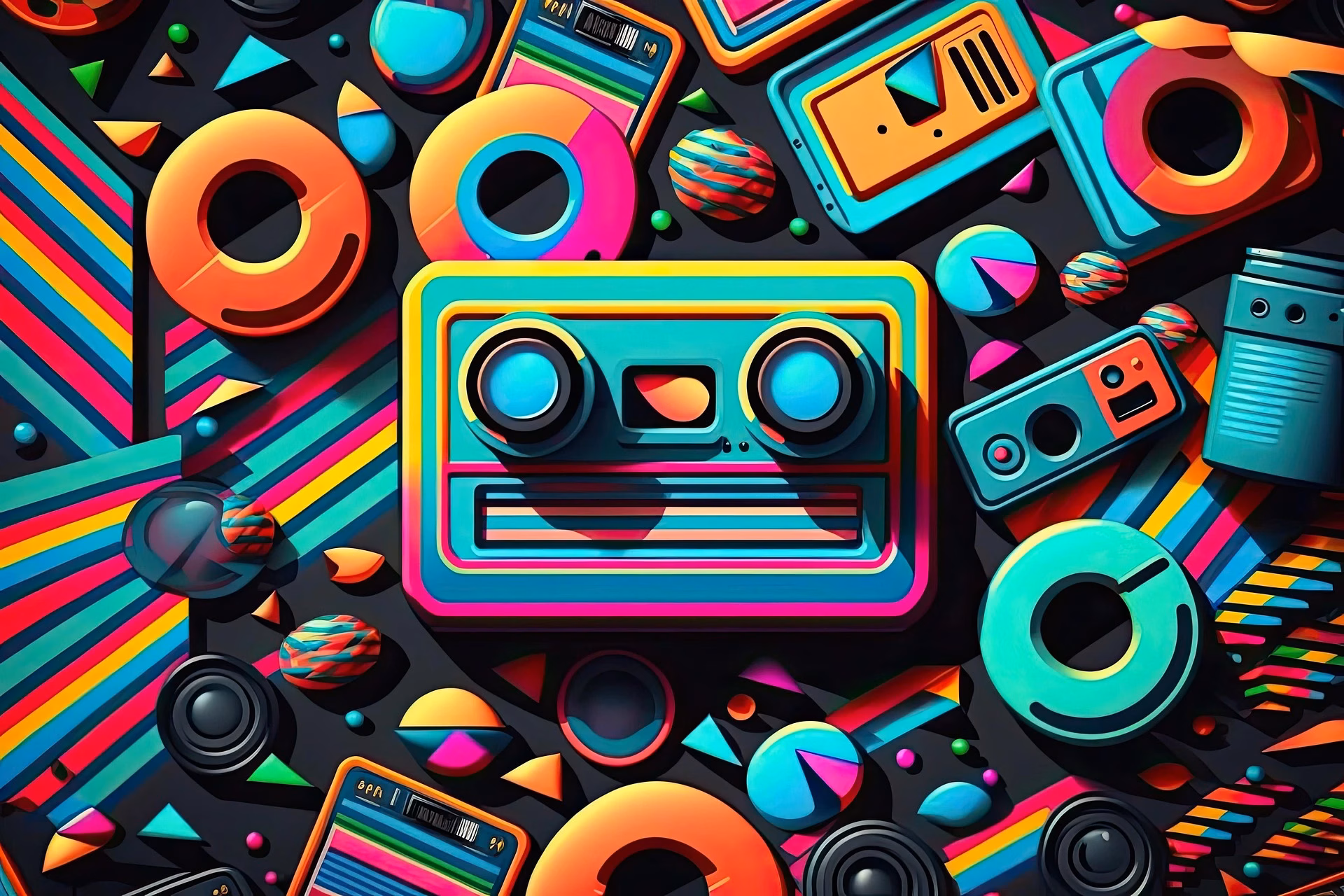 Vibrant retro-style animated illustration resembling a YouTube thumbnail, featuring cassette tapes, bold neon colors, and dynamic geometric motion elements.
