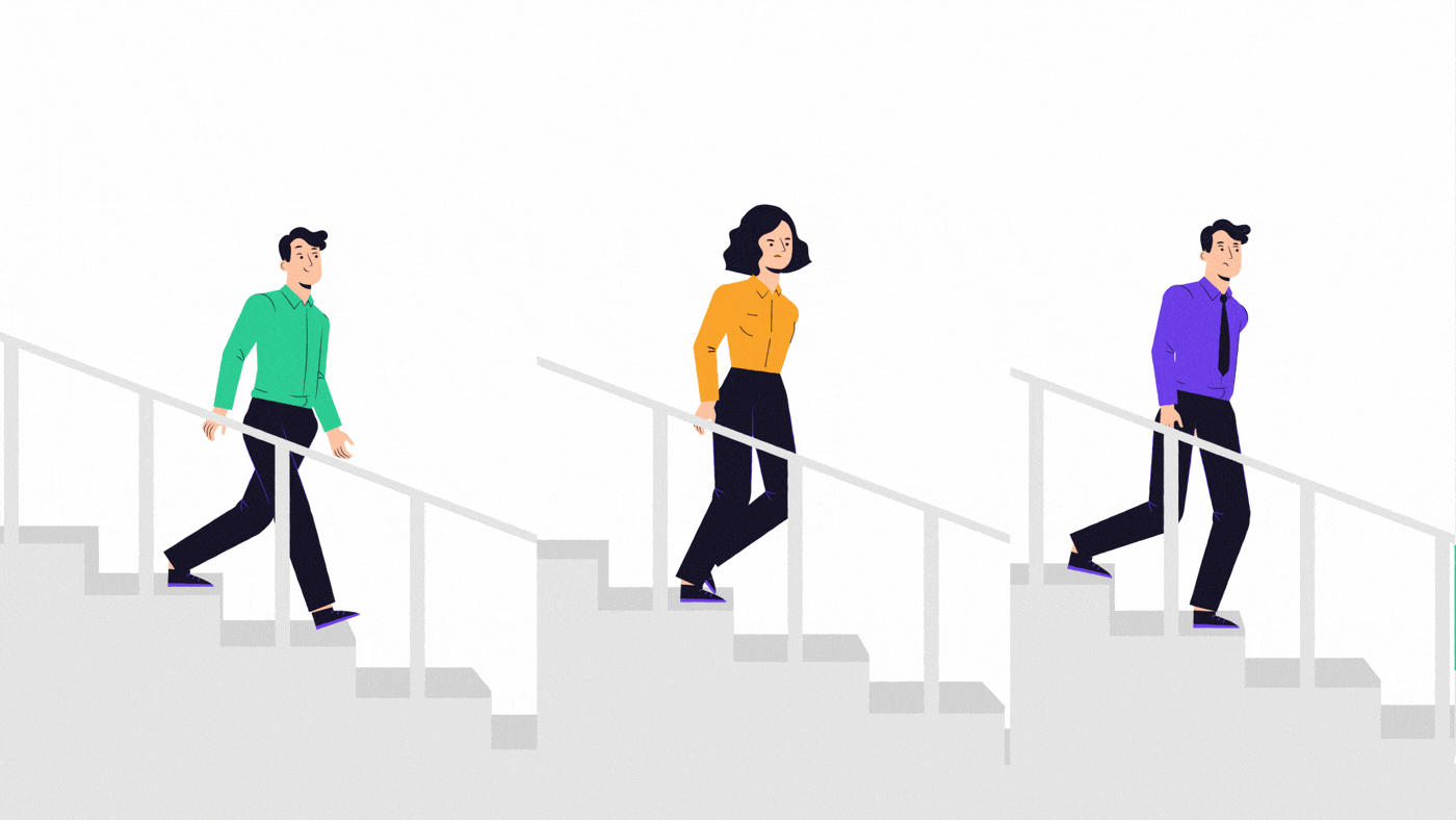 People go down the stairs. Character animation