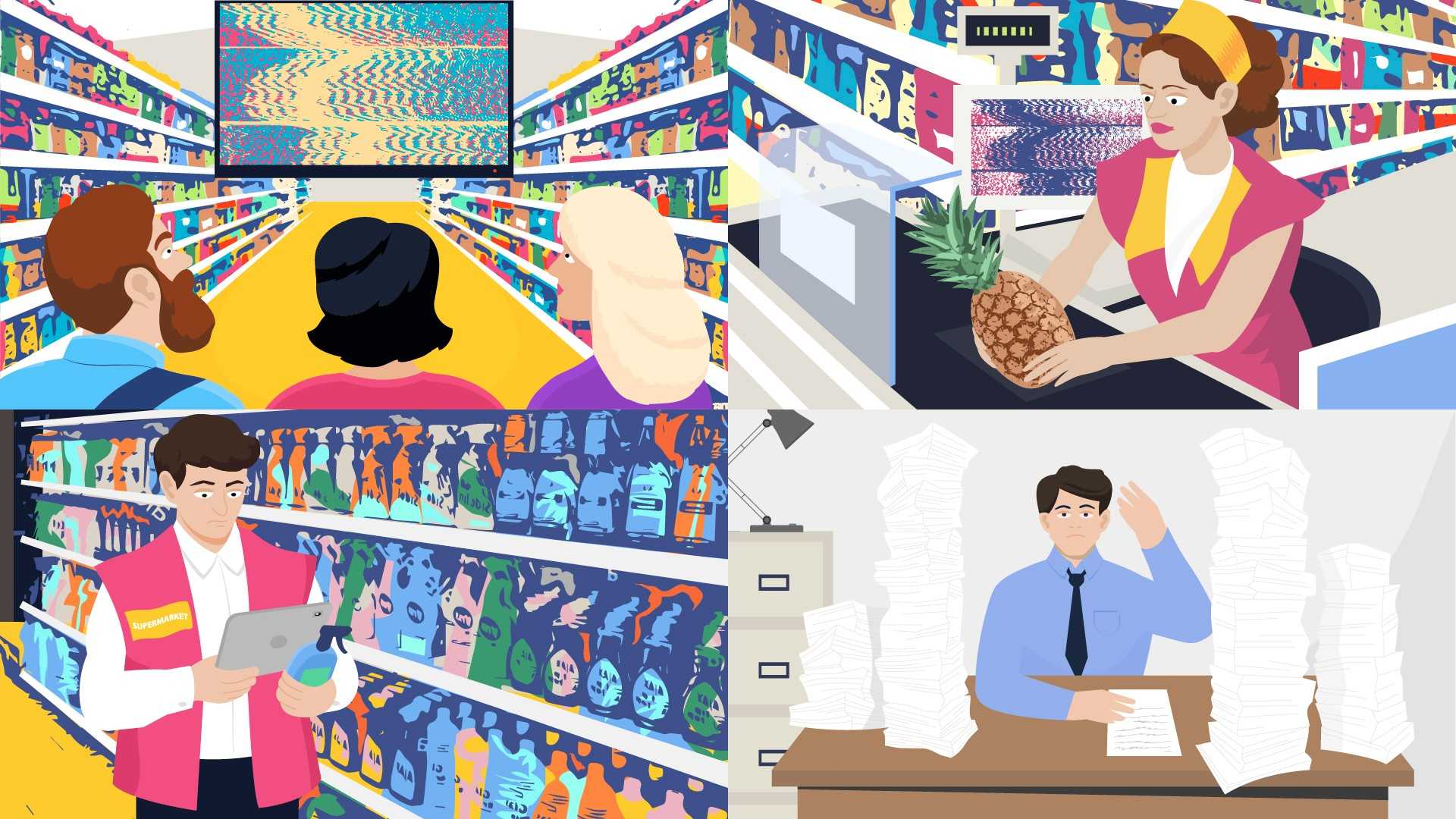 Supermarket workers in animated video