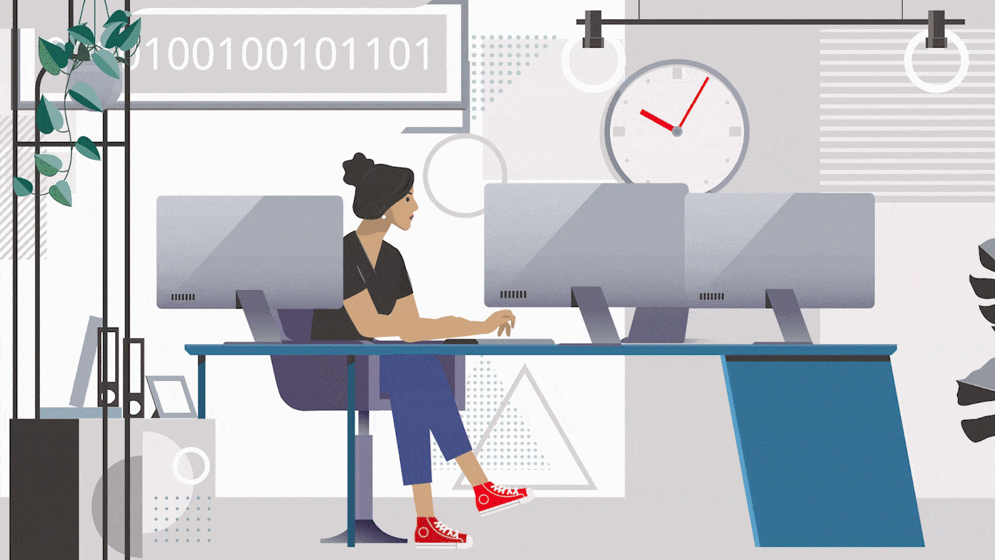 Woman working at computer - animated video