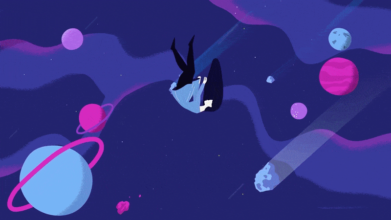 Girl freely falling through colorful space among planets