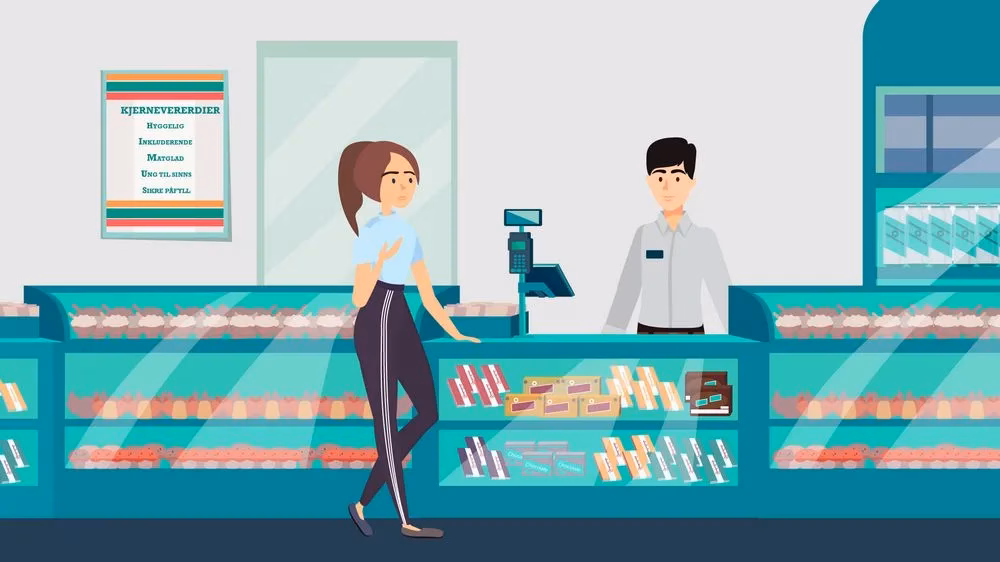 Woman talking to a cashier in a store