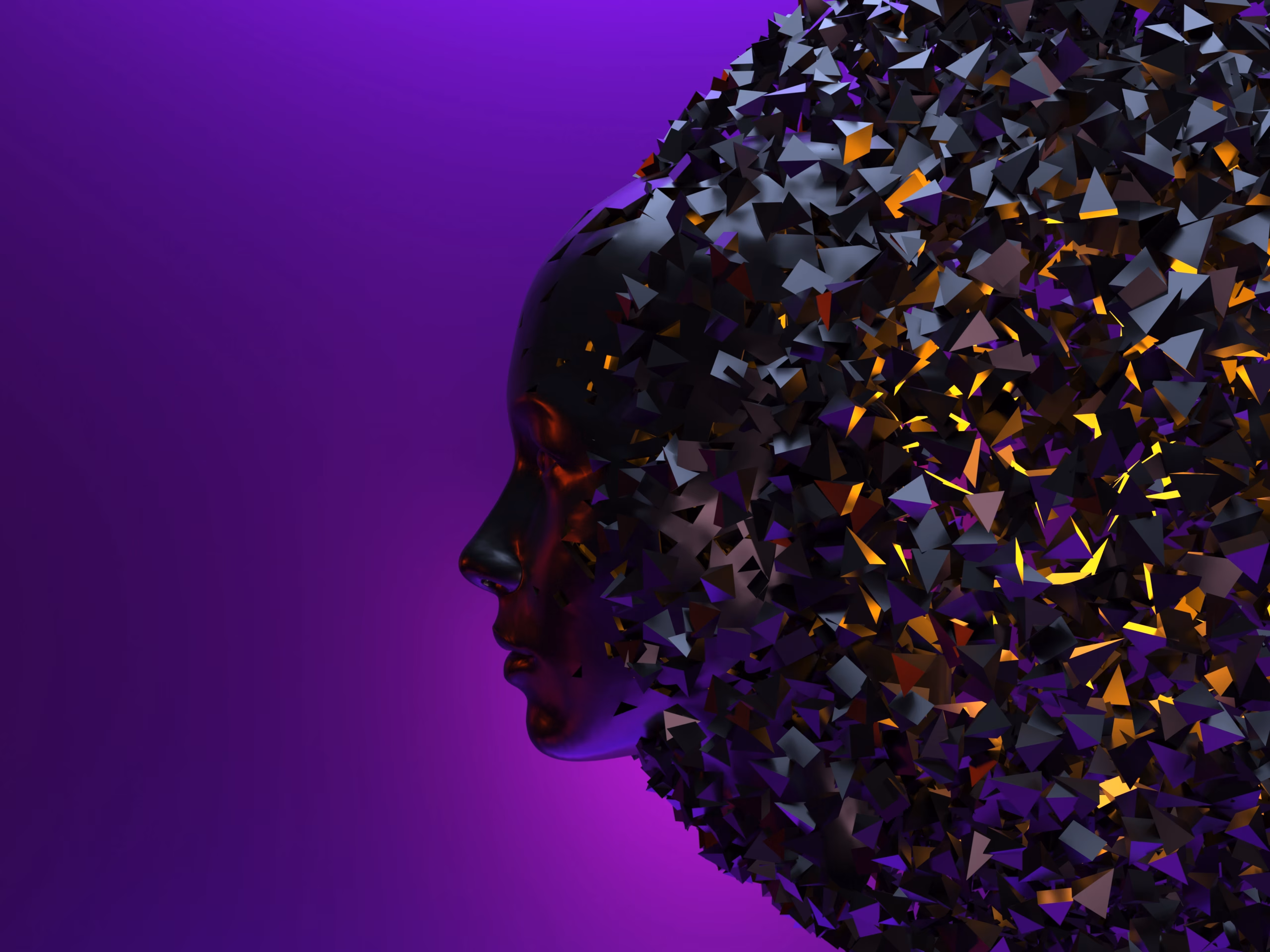 Abstract 3D face breaking into shards, symbolizing AI creativity and generative animation.