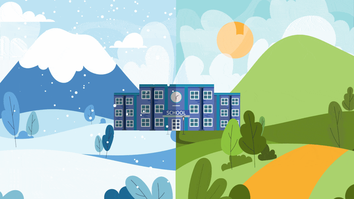 2D animation of seasonal transition at a school, created by a professional animation studio.