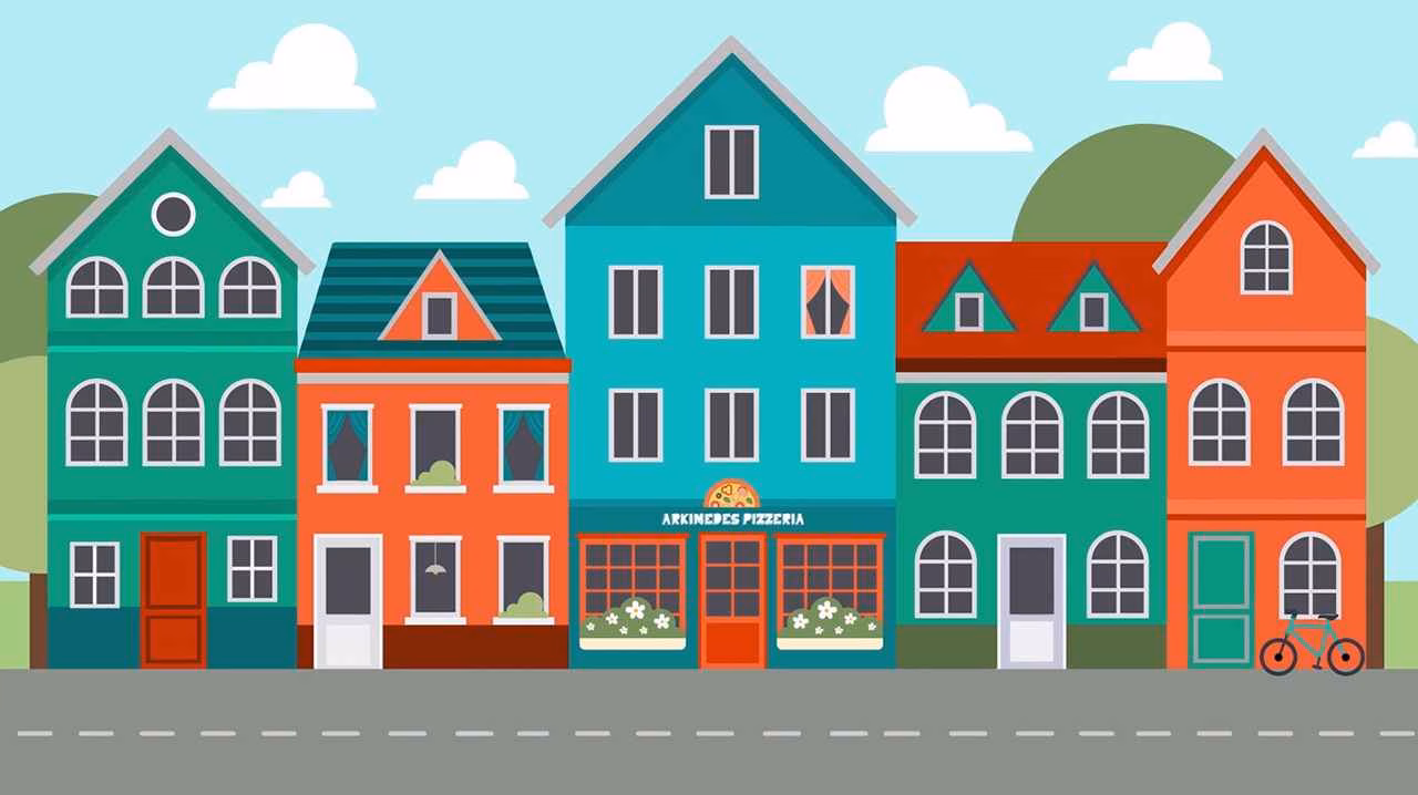 Colorful animated street with houses and a pizzeria storefront