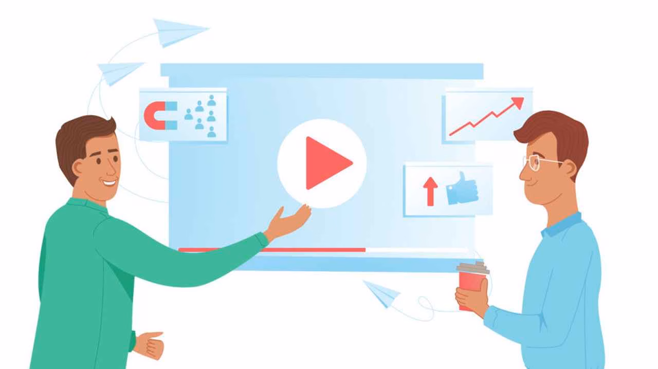 Animated marketers discussing video strategy with visual elements like engagement and growth charts
