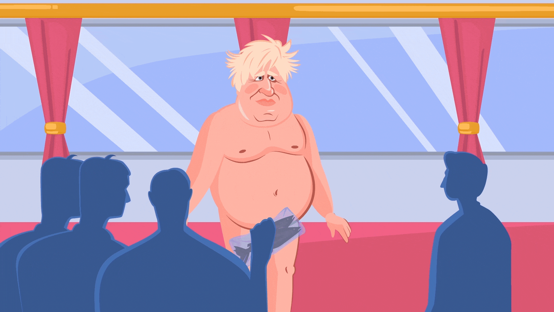 Cartoon politician without clothes in a hall with people