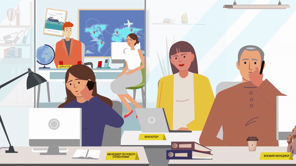 Animated workplace with employees in an office