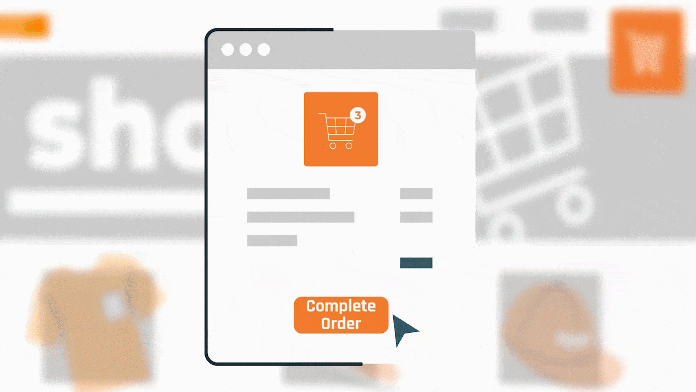 Animated explainer video of an online checkout process with a "Complete Order" button, showcasing animation for e-commerce transactions and digital sales.
