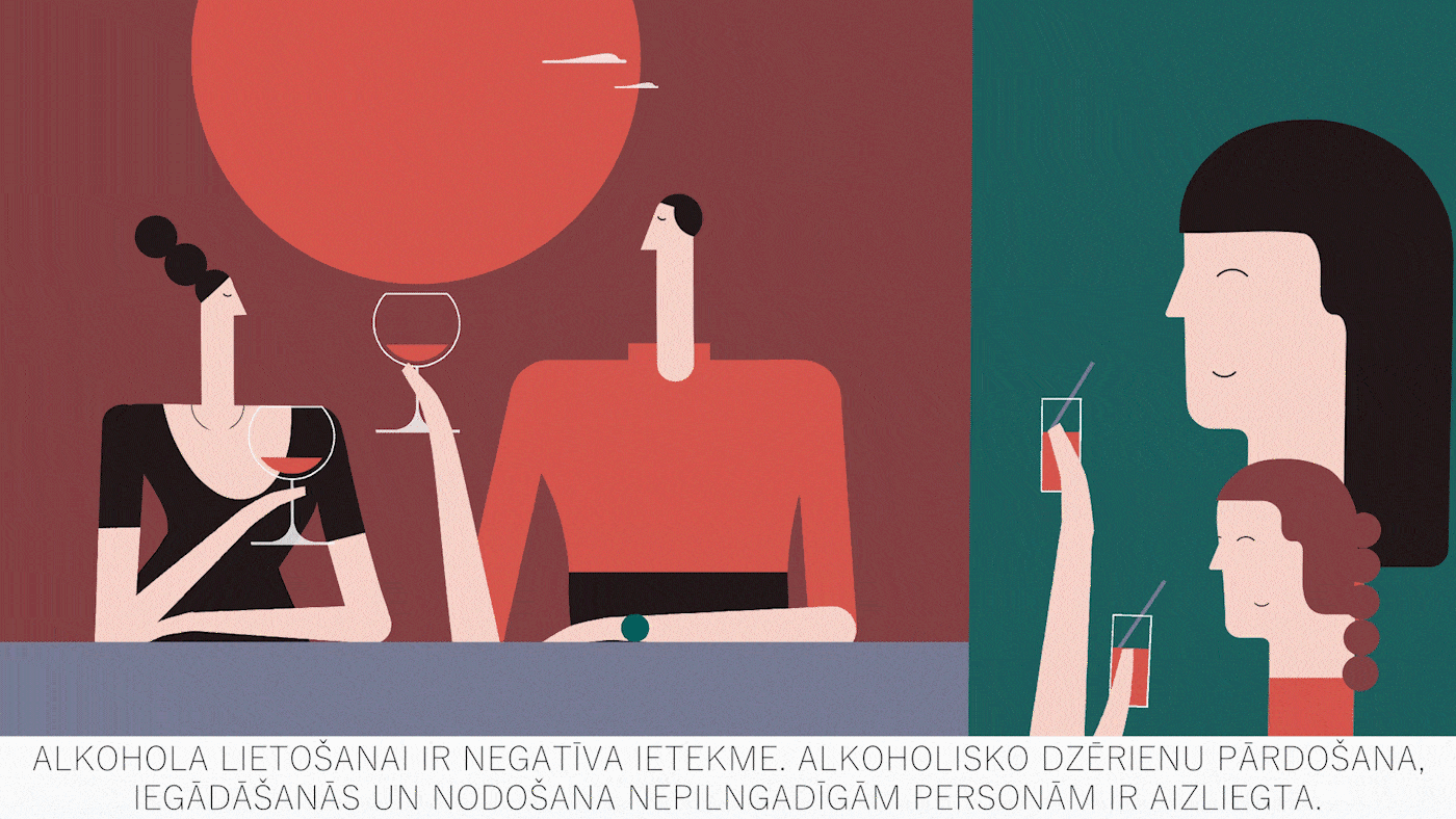 Animated couple raising glasses in a toast with responsible drinking message in Latvian.