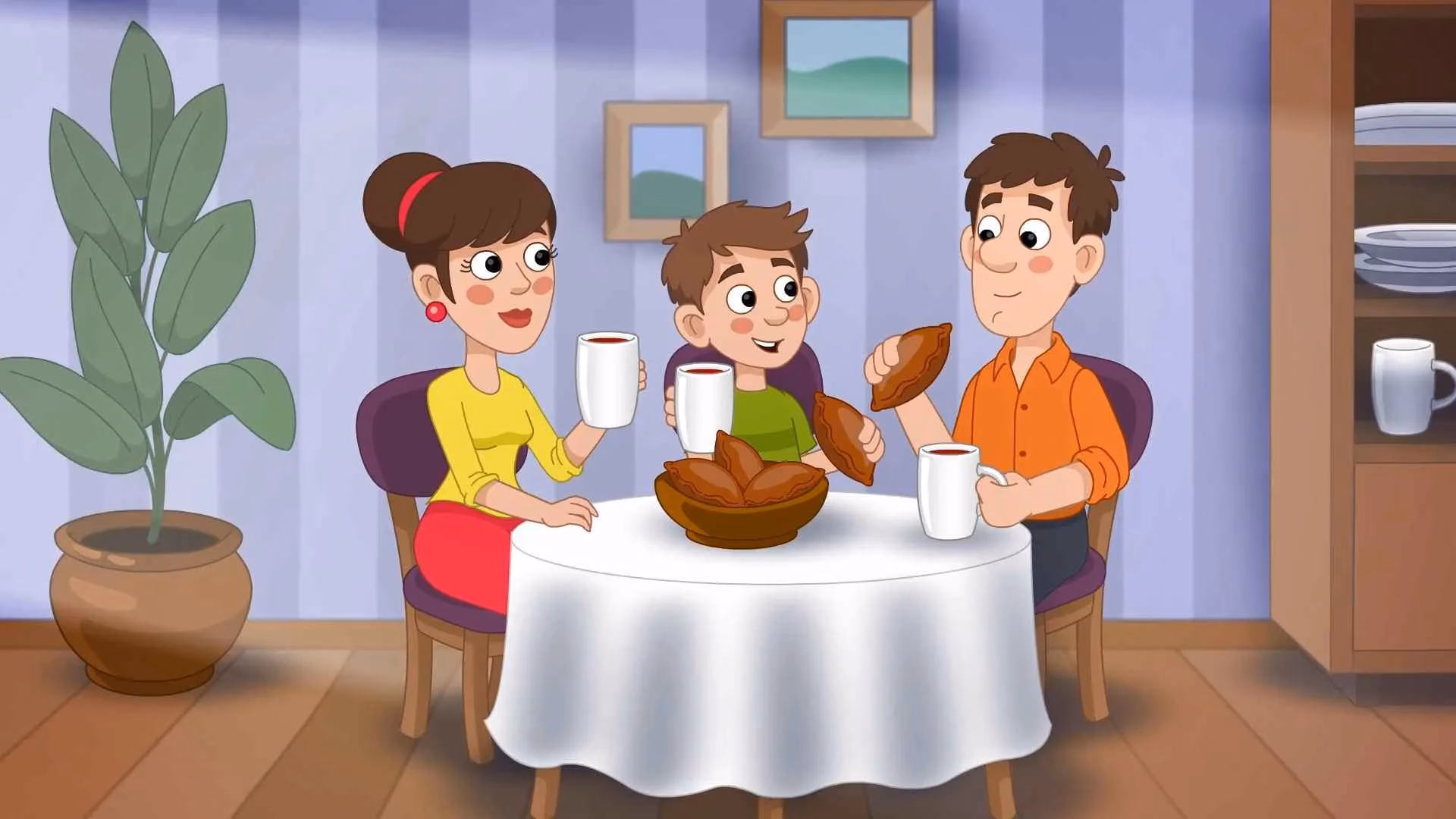 Cartoon family of three sitting at a table, drinking tea, and eating pastries.
