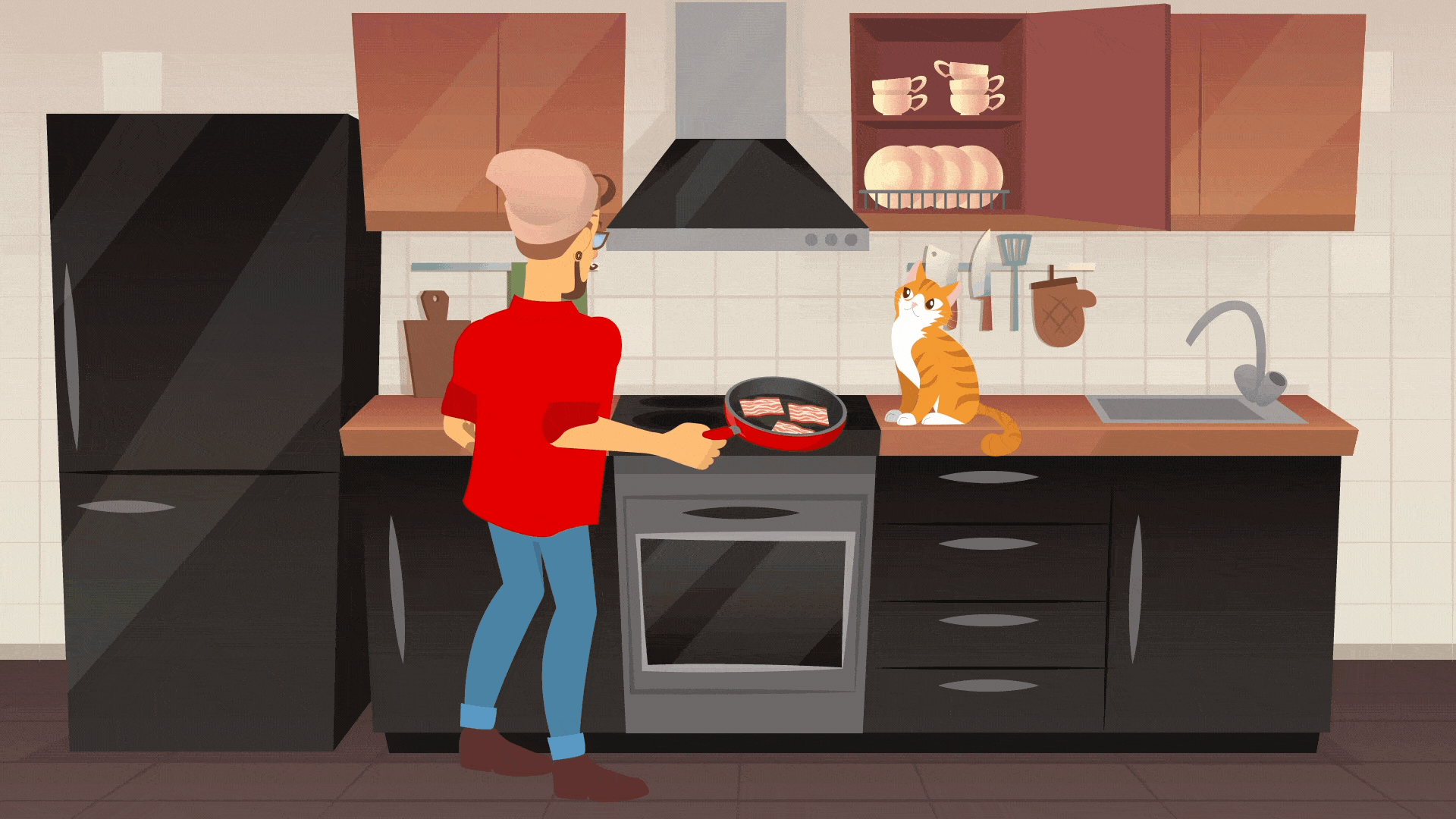 Pan with bacon in frame switching, man moves smoothly