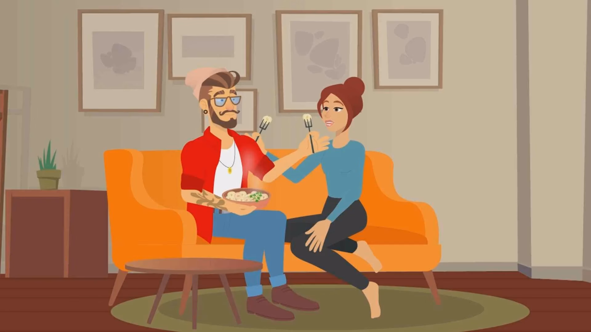 Emotional animation, man and woman sharing food