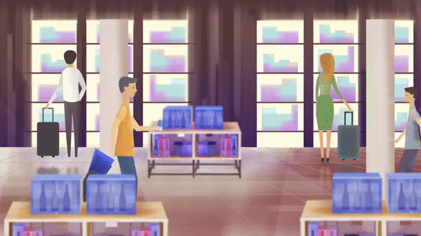 Animated character selecting a product in a store