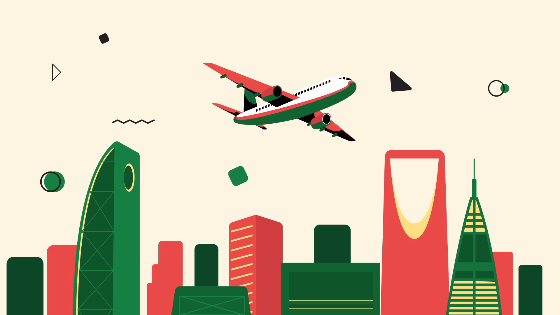 An airplane flying over a city in a stylized 2D animation.