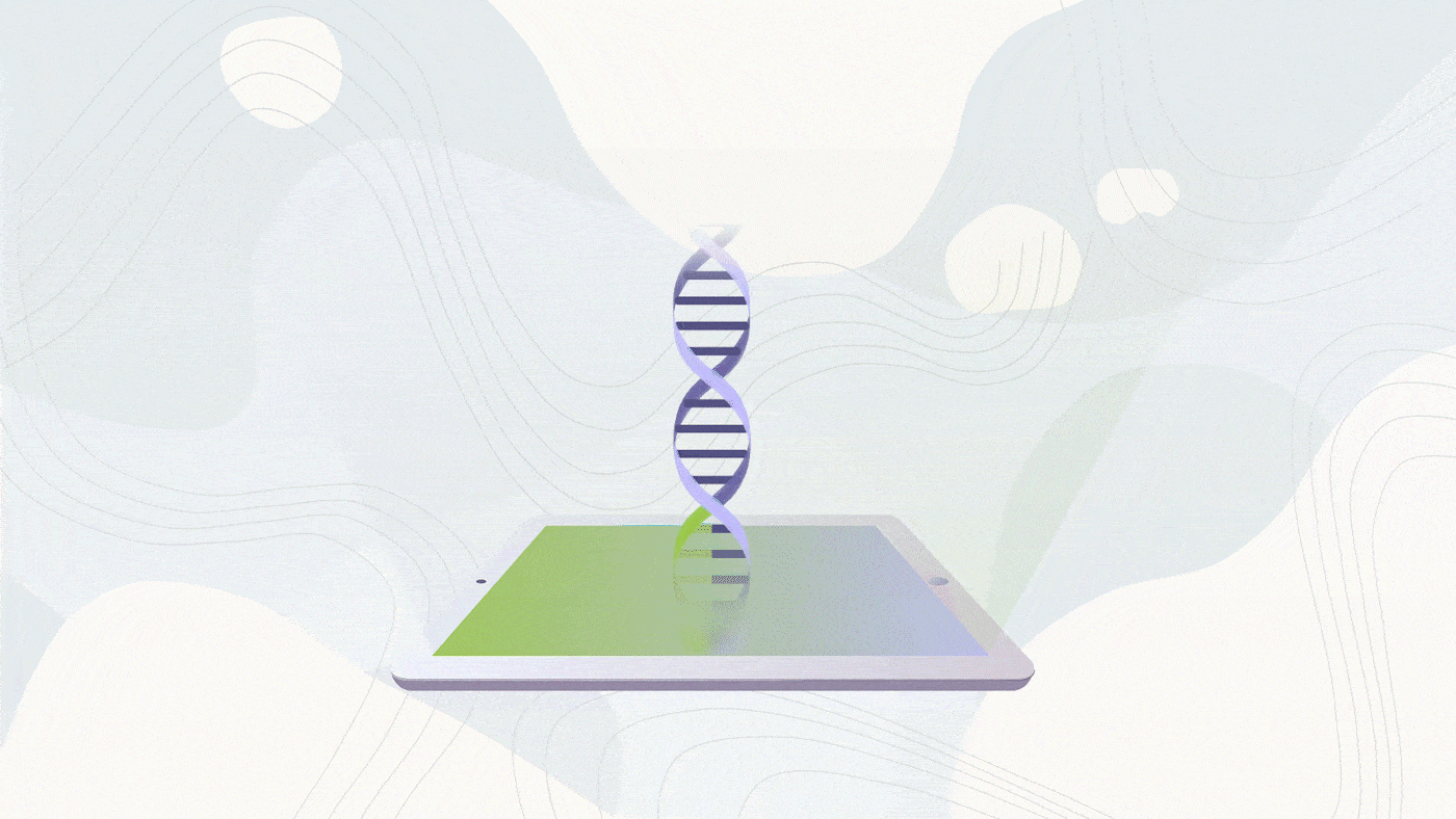 3D animation of DNA emerging from a digital tablet.