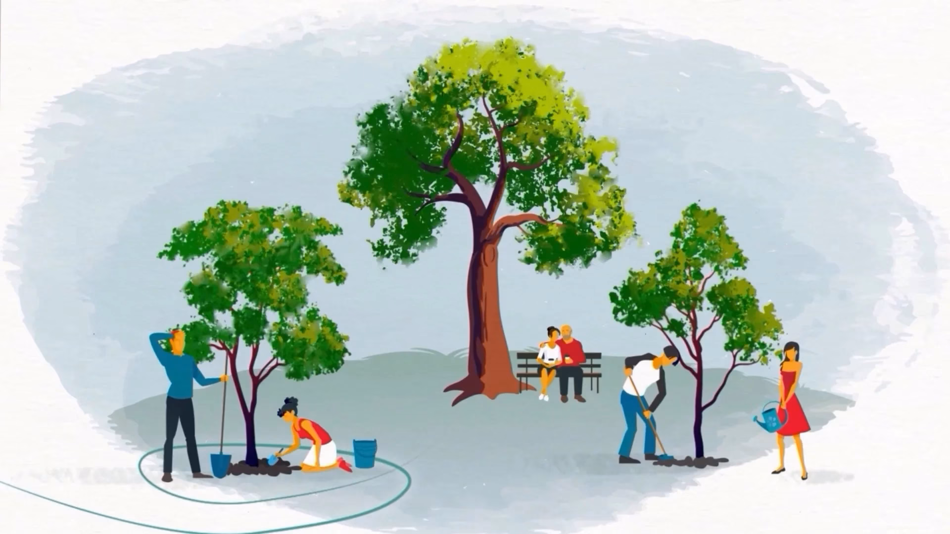 Animated people planting trees and enjoying a park scene