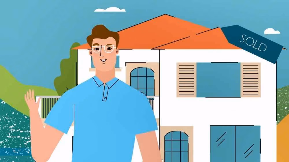 Animated character in front of a modern house