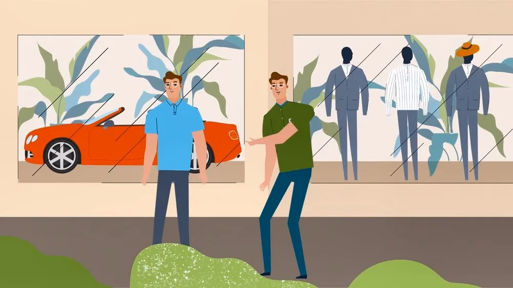 Animated characters standing in front of a store with a showcase