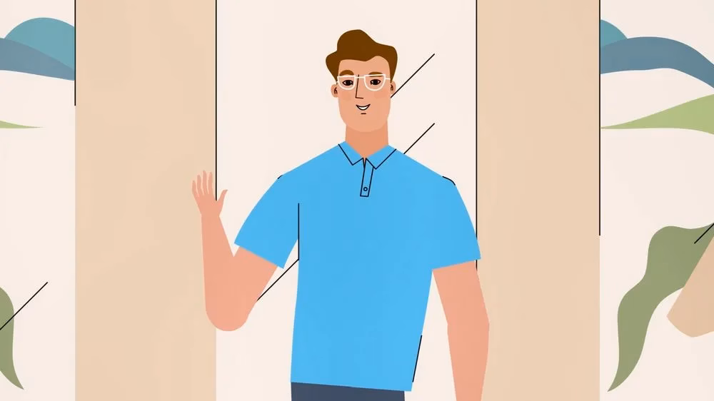 Animated character in a blue polo standing by the door