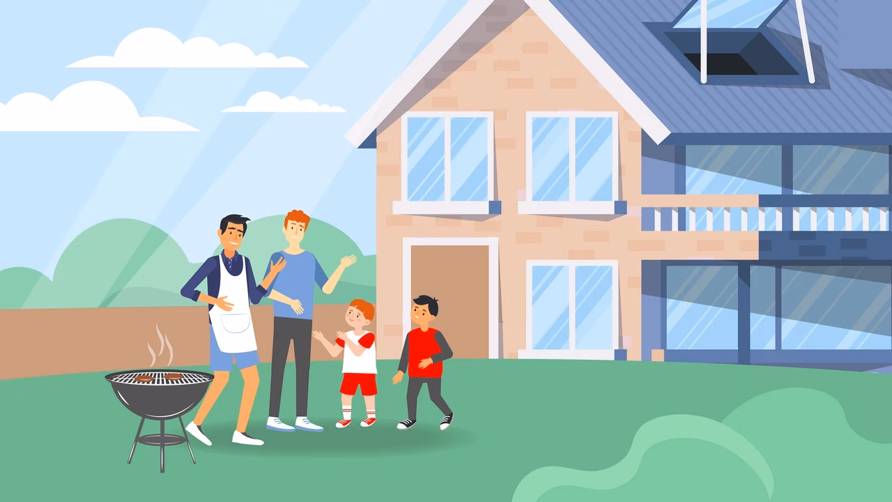 Family with children in front of a big house