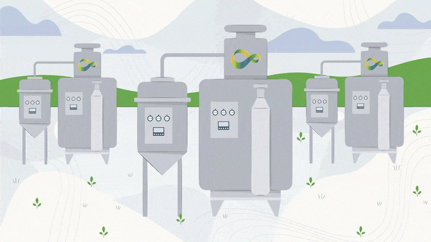 Biotechnology factory with futuristic food production machinery.