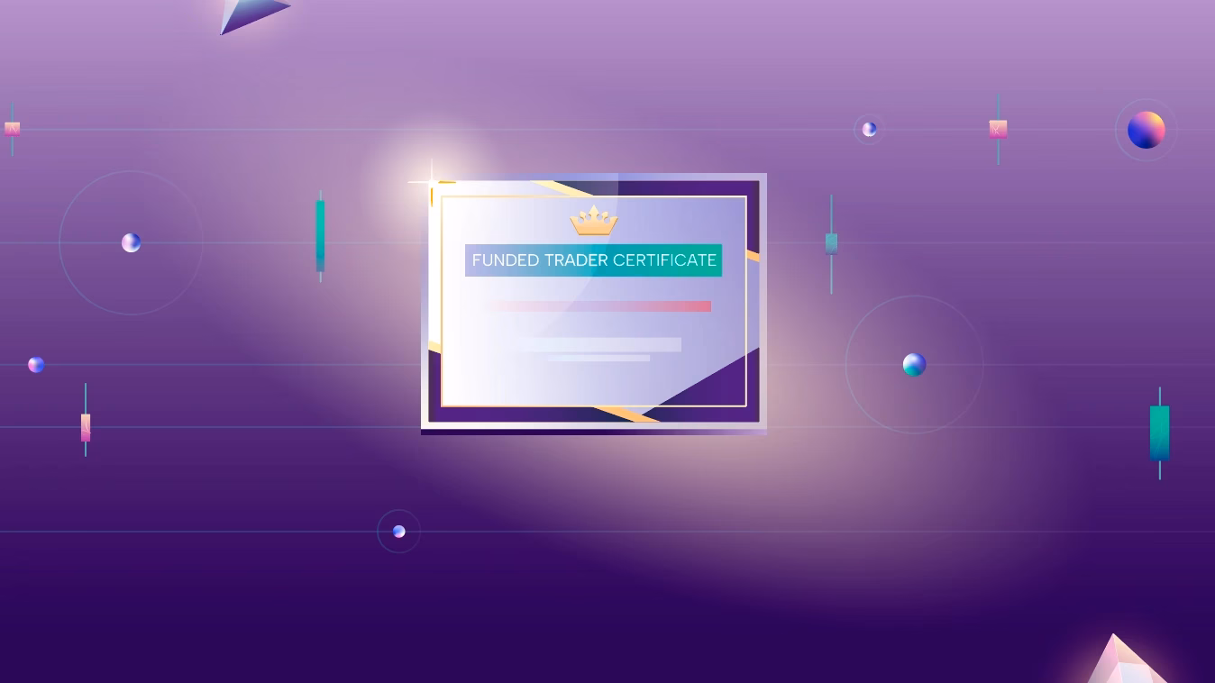 Modern fintech illustration featuring candlestick bars and floating coins in neon perspective grid.