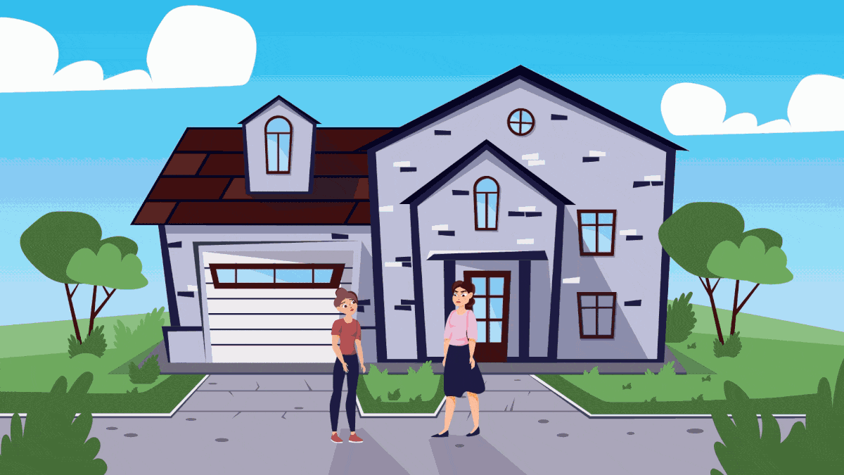 Two women talking near a modern house in an animation