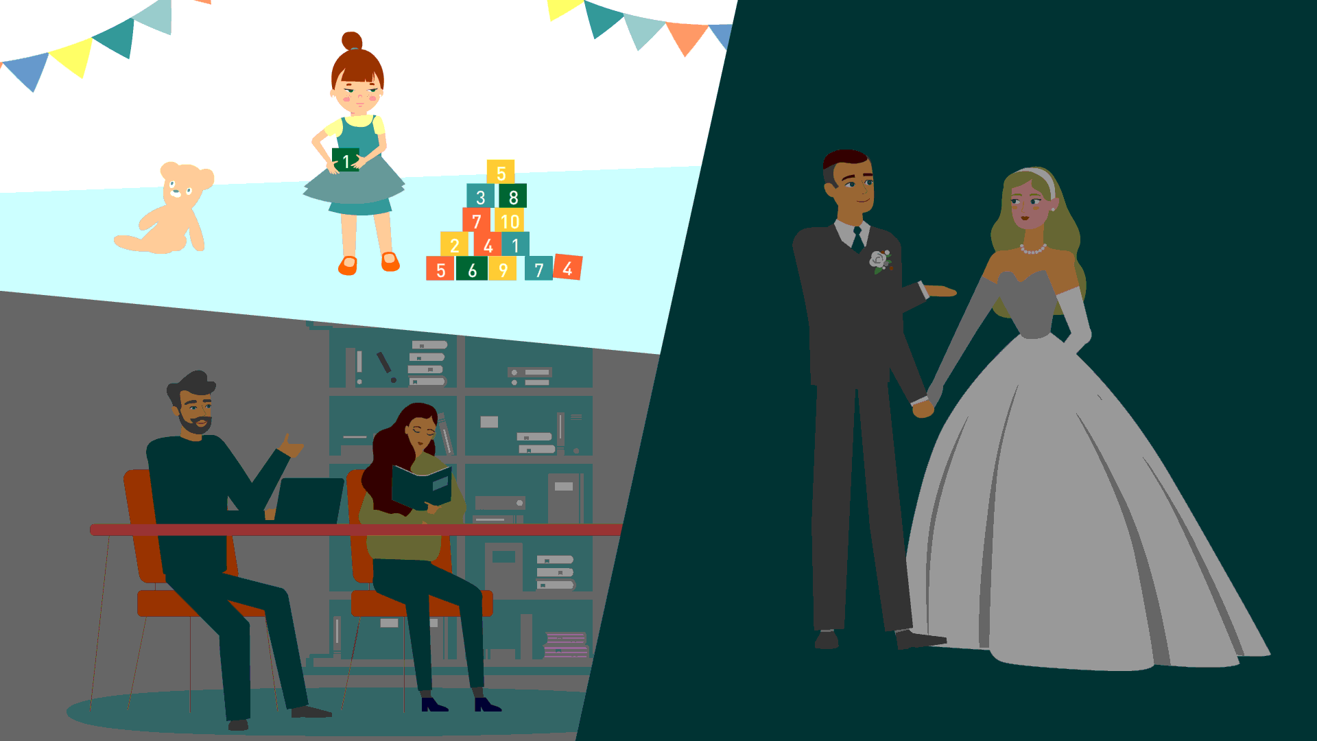 Animated image of different life stages – childhood, education, wedding