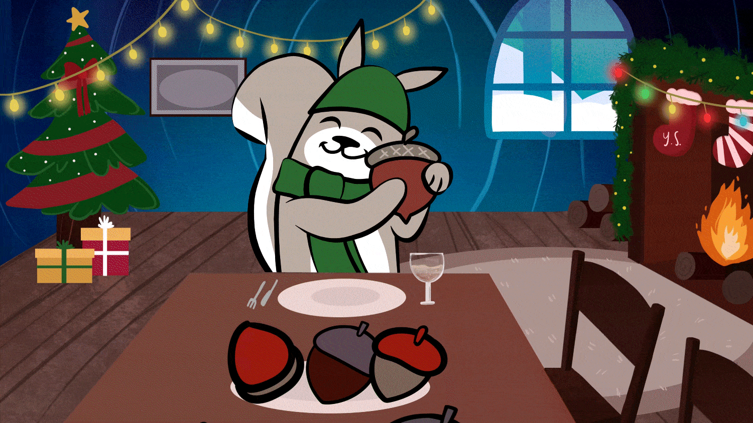 Animated squirrel in a green scarf happily hugging a large acorn at a festive dinner table.