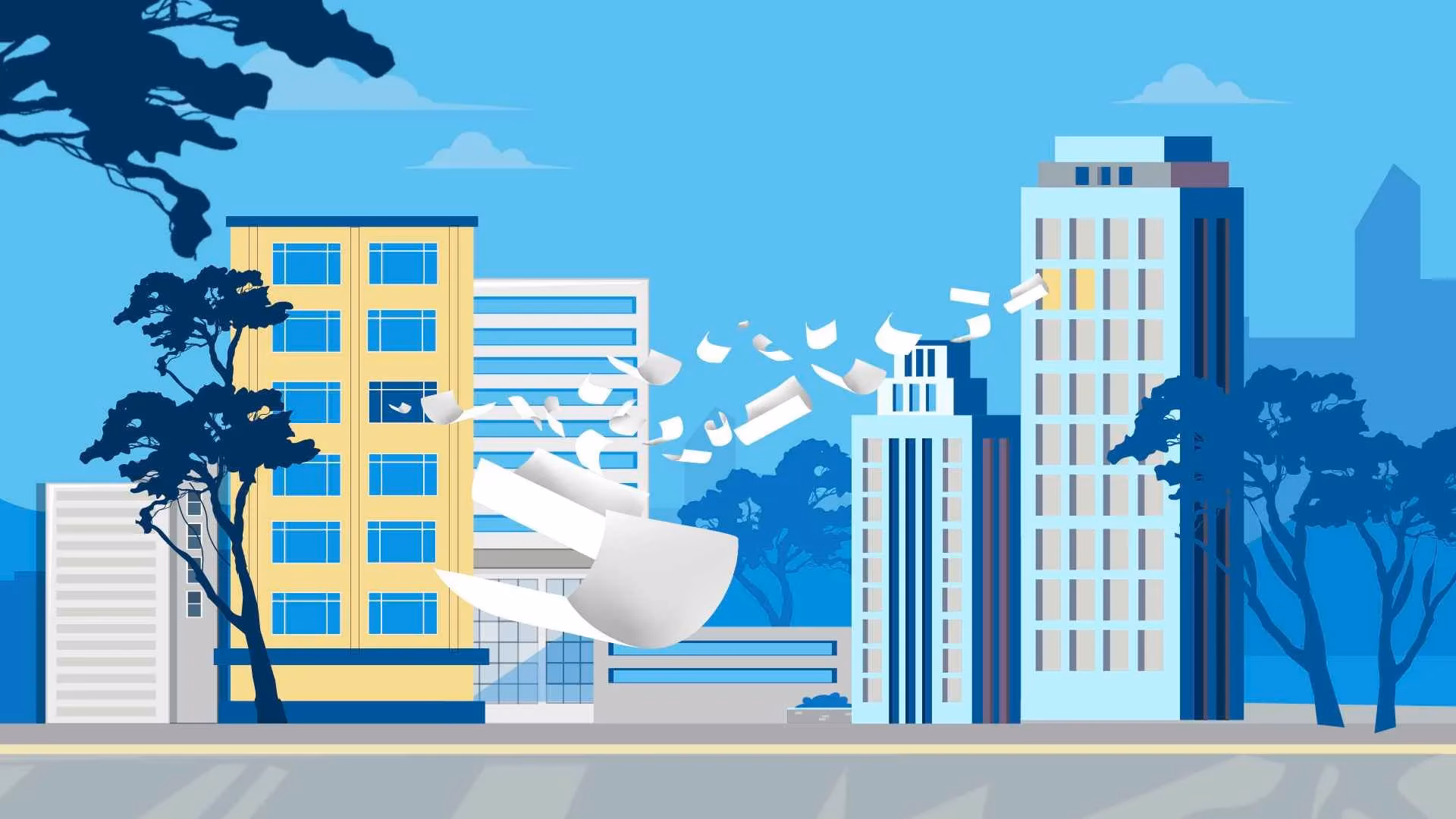 Animated documents flying through the air, symbolizing the transition from paper to digital storage