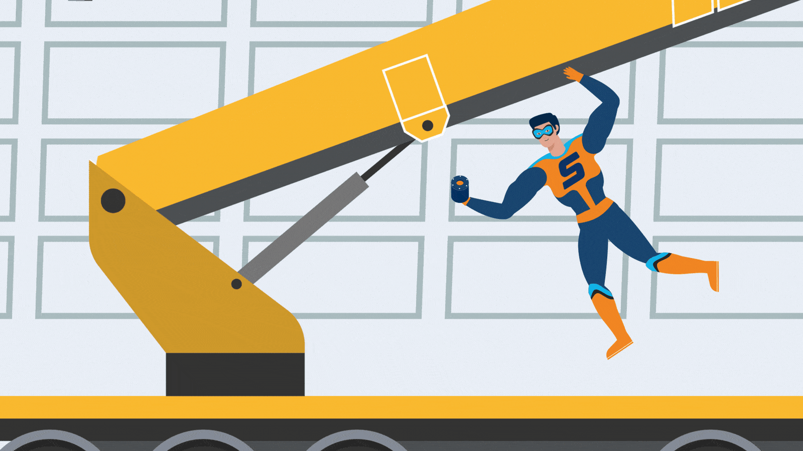 Animated superhero saving the day on a construction site with a crane