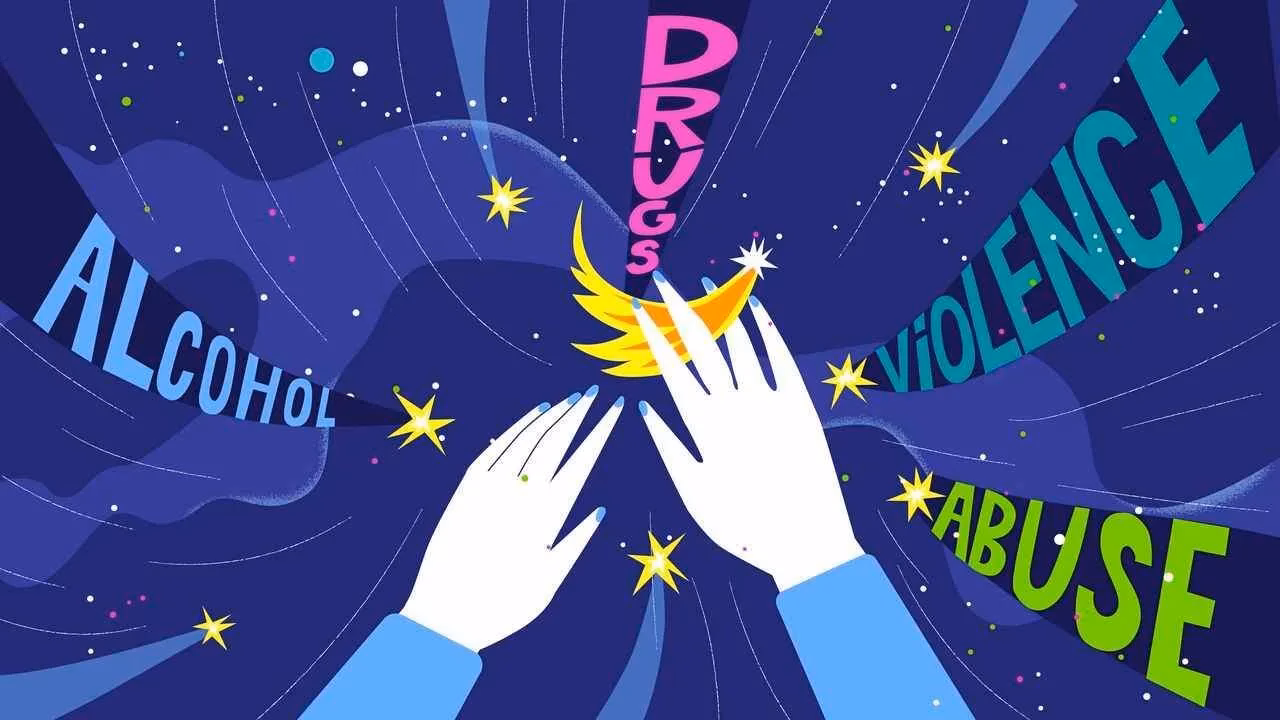 Animated hands touching butterfly wings, surrounded by words about addiction