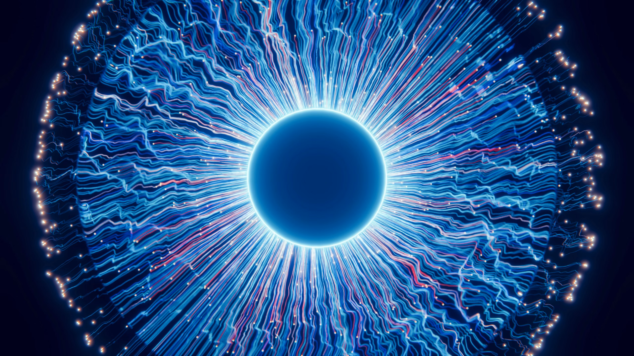 Abstract glowing circular core with radiant streams of blue, pink, and white energy lines spreading outward, resembling a digital eye or futuristic portal.