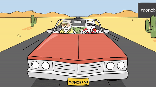 Animated cats driving a car in the desert