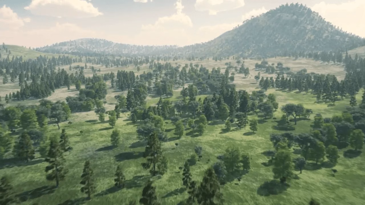 Aerial view of green landscape and natural environment – 3D animation