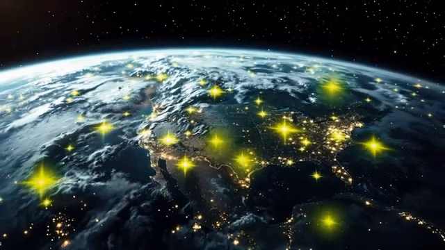 Cinematic wide shot of Earth with glowing nodes, using particle effects and global illumination to visualize worldwide connectivity.
