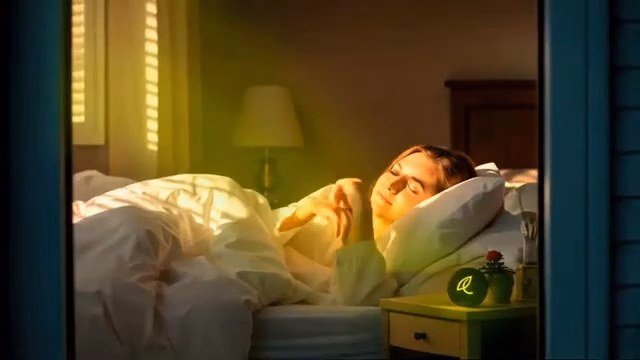 Soft-lit interior night shot with warm color grading, subtle light animation, and calm character pose conveying rest.