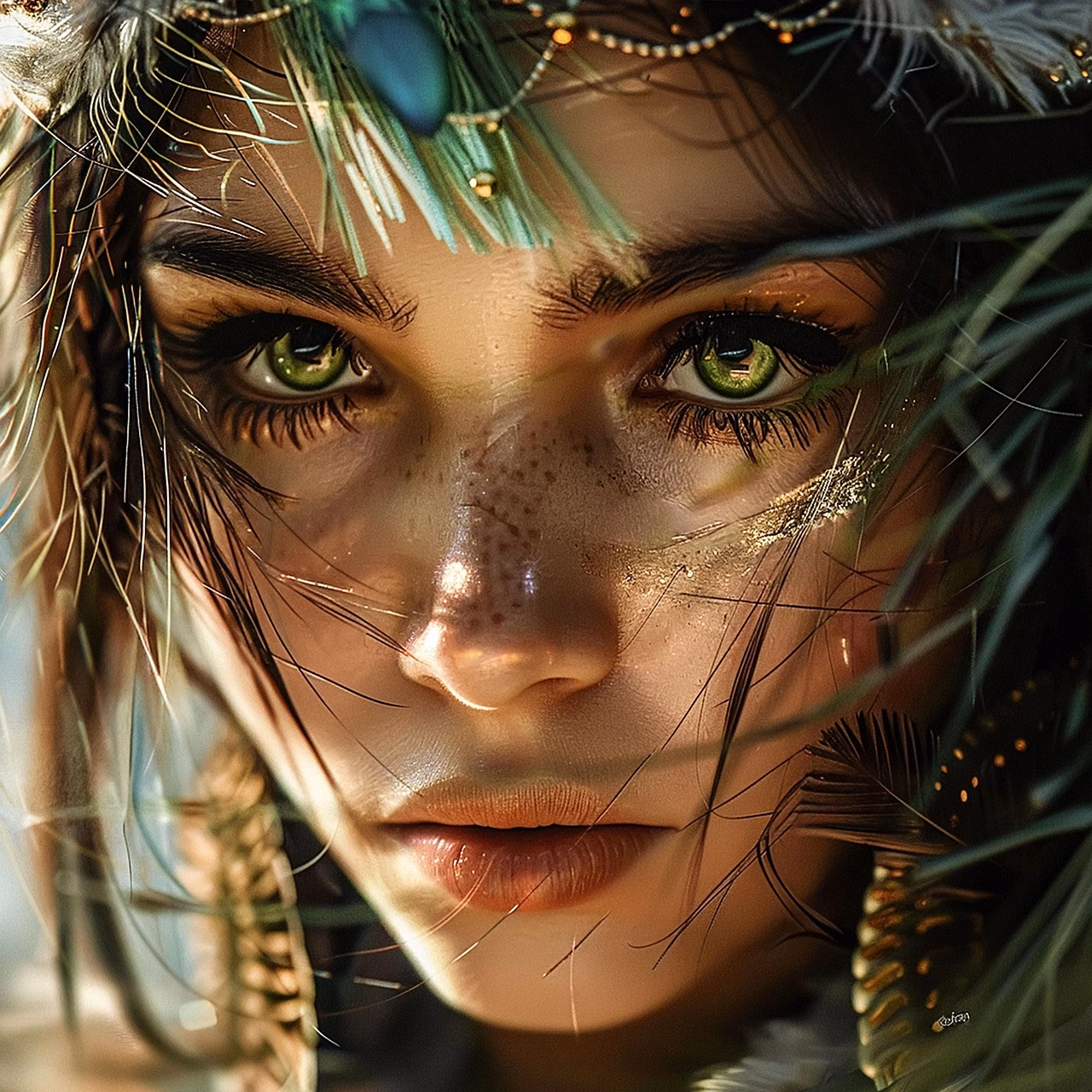 Hyper-realistic fantasy portrait of a young woman with piercing green eyes, freckles, and golden face paint, wearing a headdress decorated with feathers, beads, and natural ornaments.