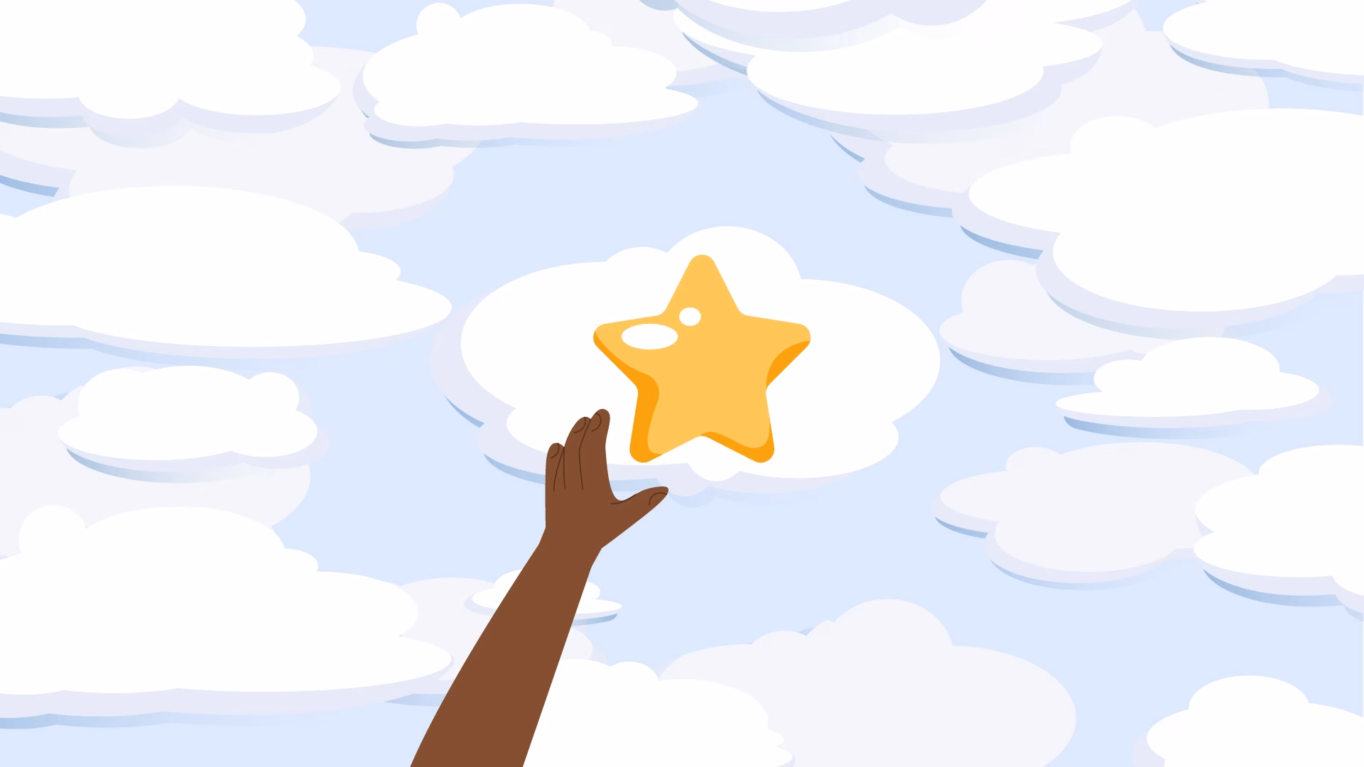 Animated illustration of an outstretched hand reaching toward a golden star floating on a cloud, drawn in a simple cartoon style