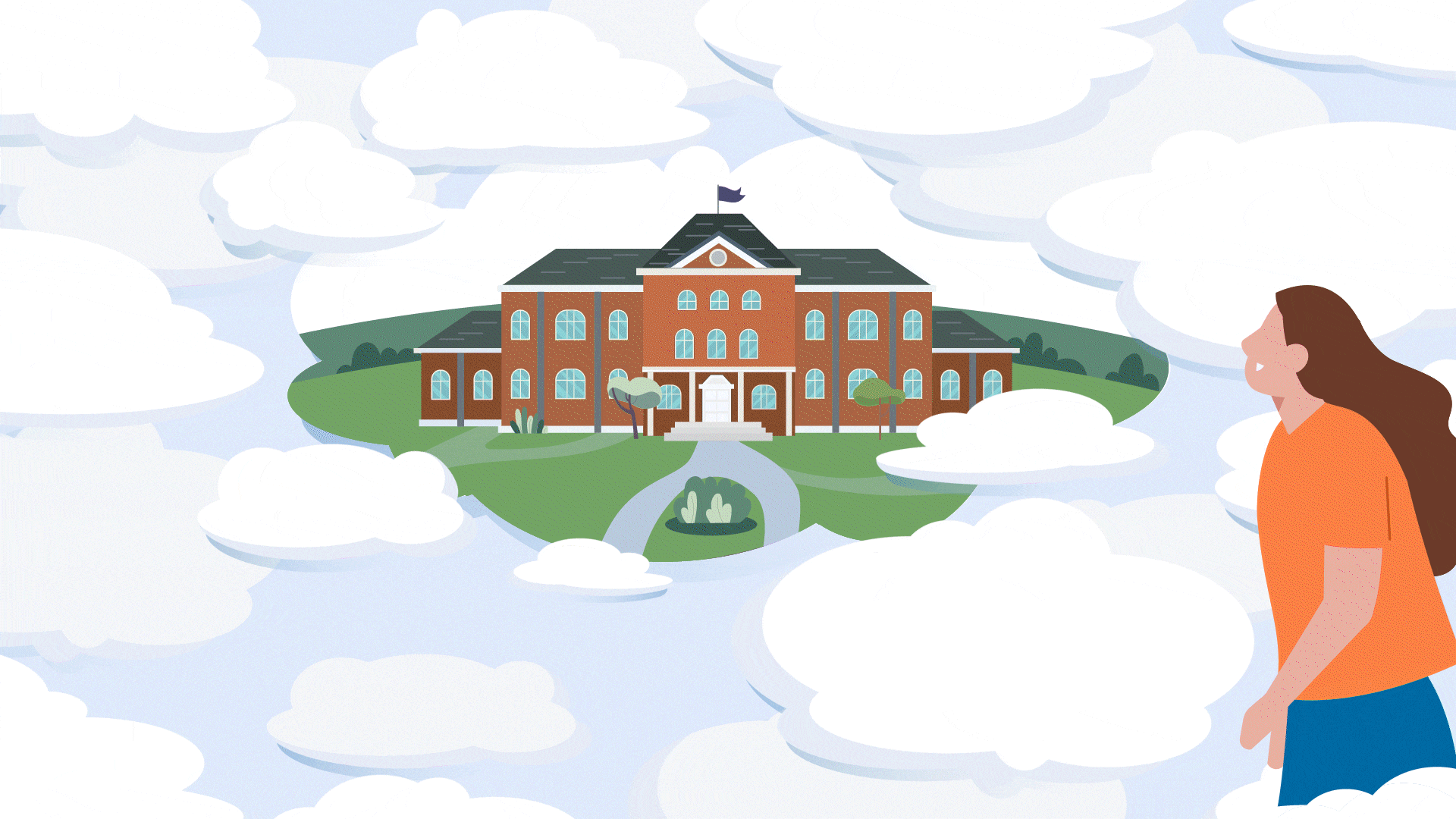 Animated cartoon-style scene of a woman observing a brick school building that appears among floating clouds in a dreamy virtual setting