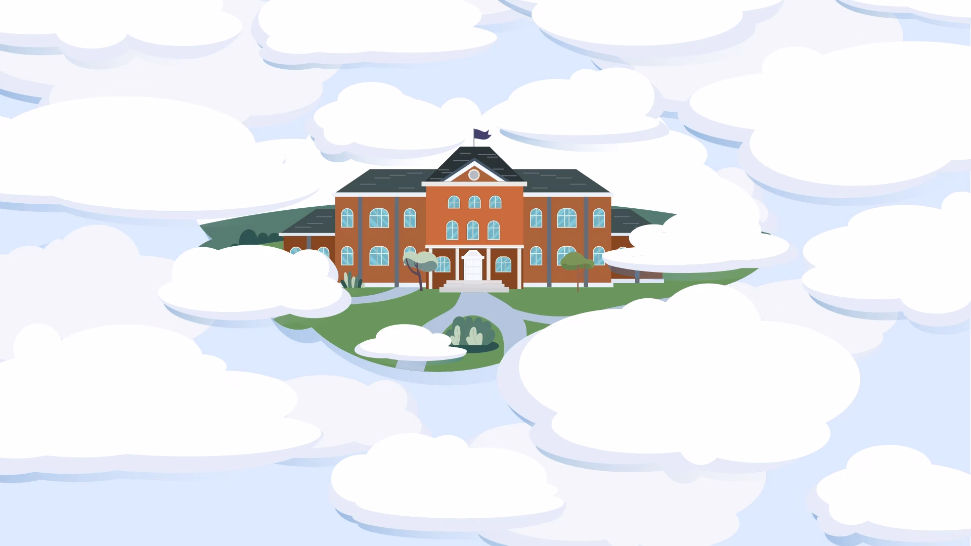 Animated cartoon illustration of a large brick school building surrounded by floating clouds, creating a dreamy virtual-school concept