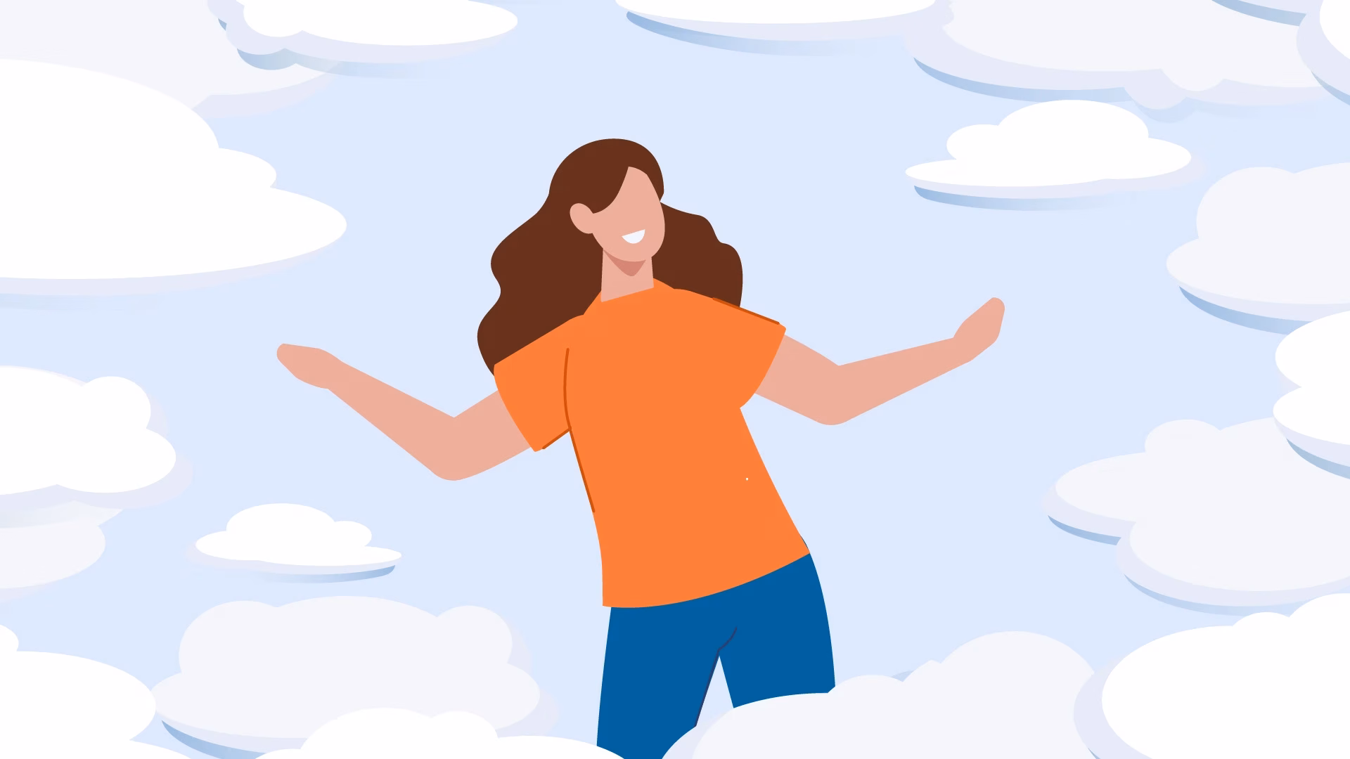 Animated illustration of a smiling woman in a cartoon style appearing to float among soft white clouds