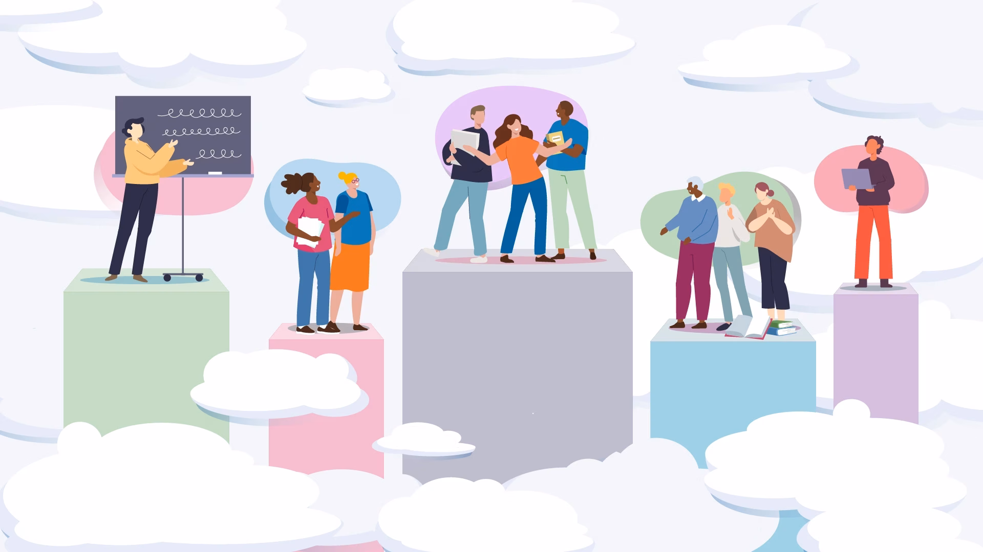 Animated illustration of diverse groups of people standing on tall colorful platforms surrounded by clouds, shown in a modern cartoon style