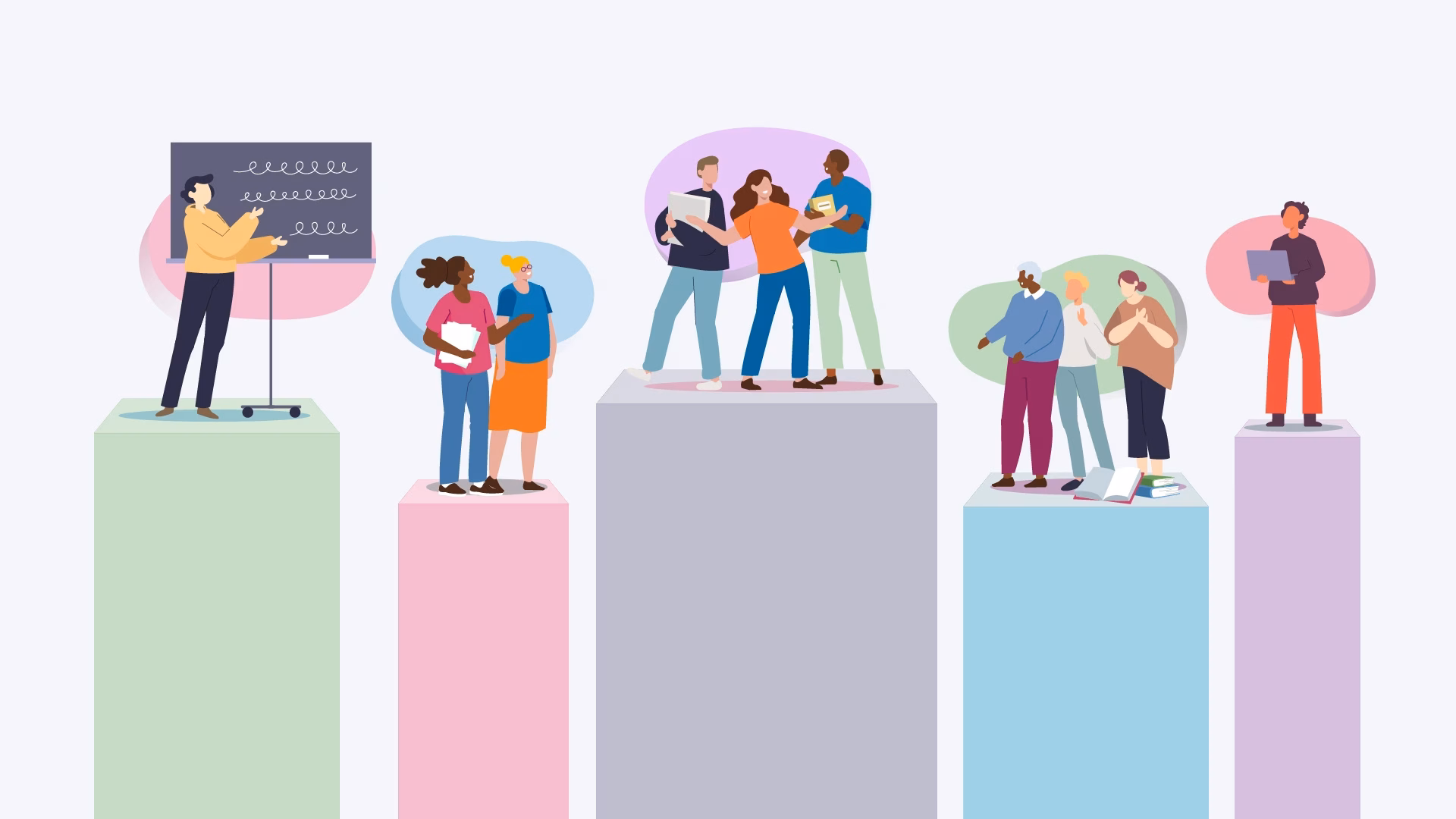Animated cartoon-style illustration of diverse groups of people standing on tall colorful platforms, symbolizing teamwork and communication