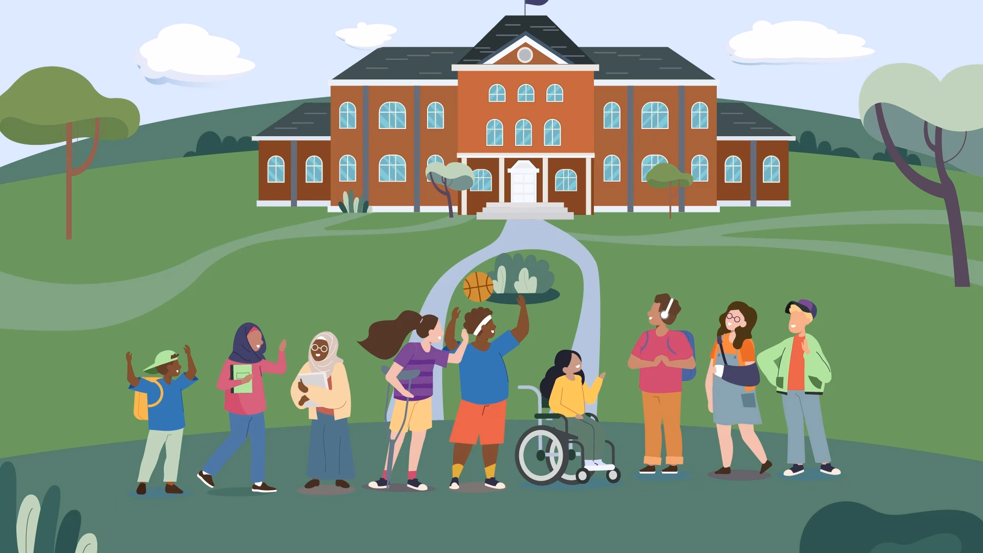 Animated cartoon-style scene of a diverse group of people standing on a lawn in front of a large brick school building, representing an inclusive school environment