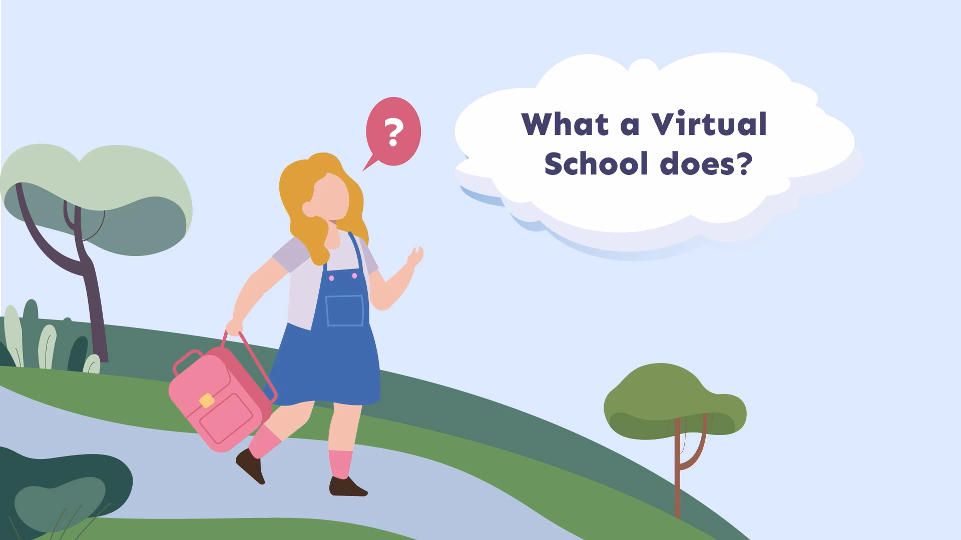 Animated cartoon-style scene of a girl holding a pink backpack with a question bubble that says ‘What a Virtual School does?’ above her