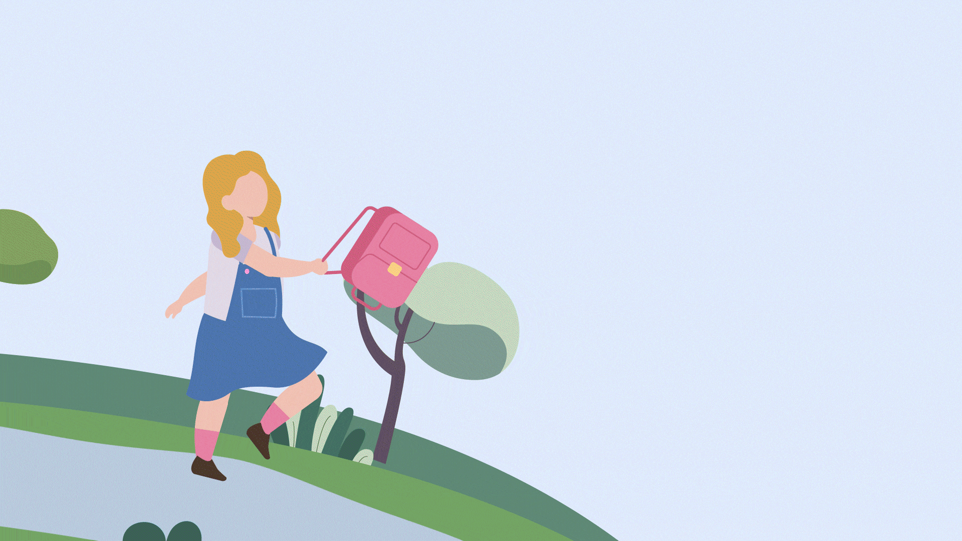 Animated illustration of a young girl walking on a grassy hill while holding a pink backpack, drawn in a simple cartoon style