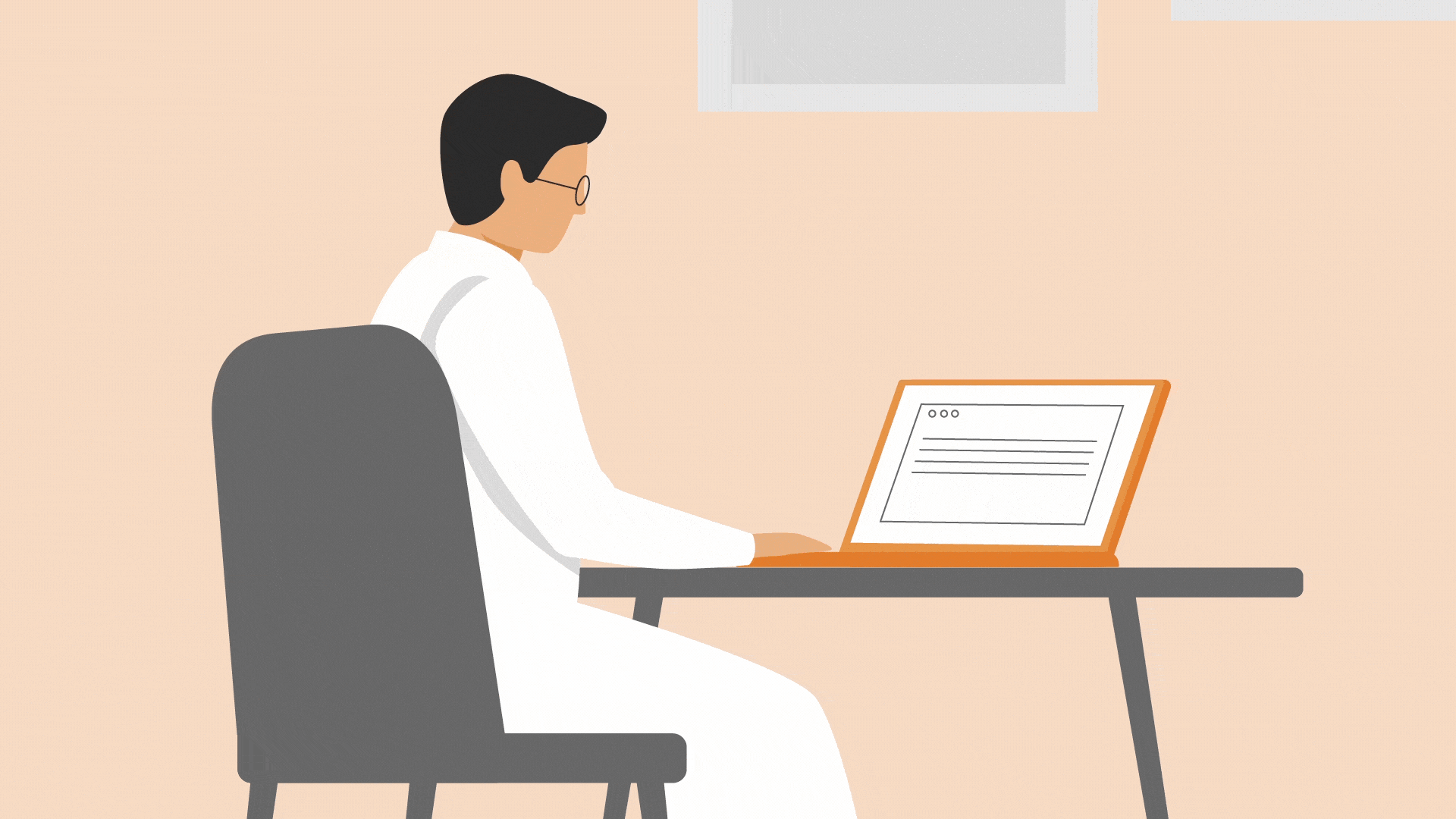Animation of a man in a white coat working on a laptop