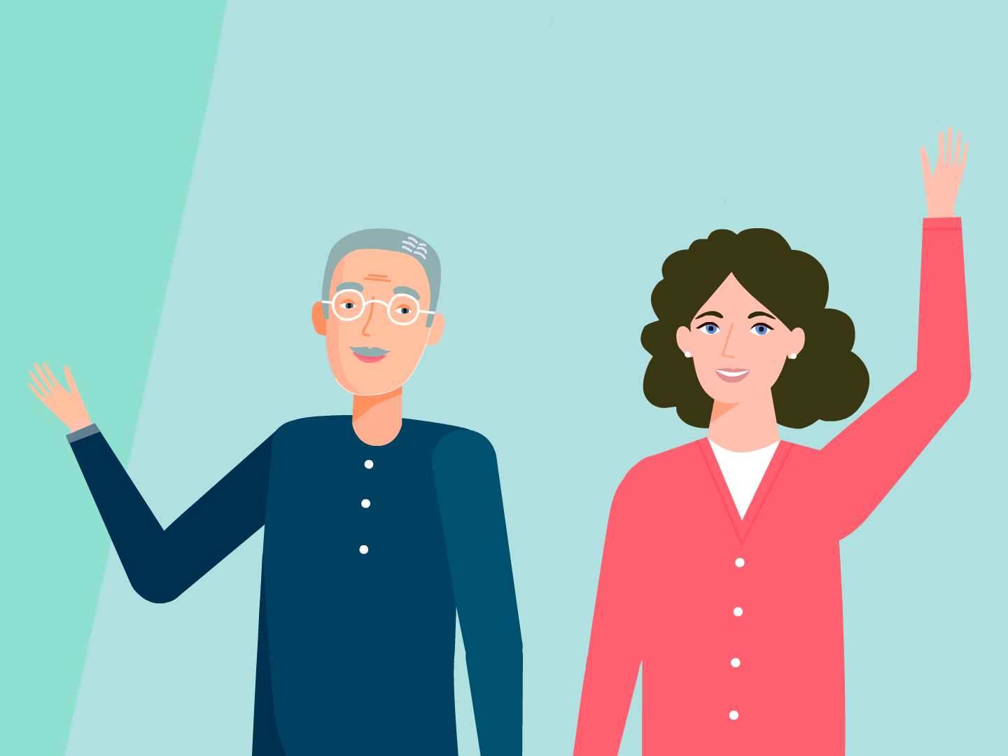 A man and a woman waving in a friendly greeting